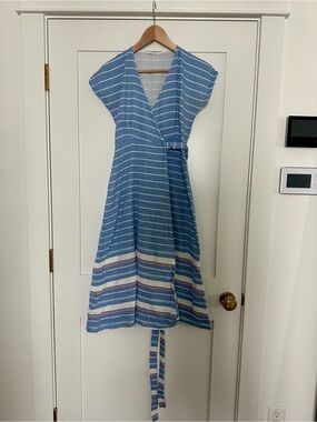Marine Layer Blue and White Striped Wrap Midi Dress